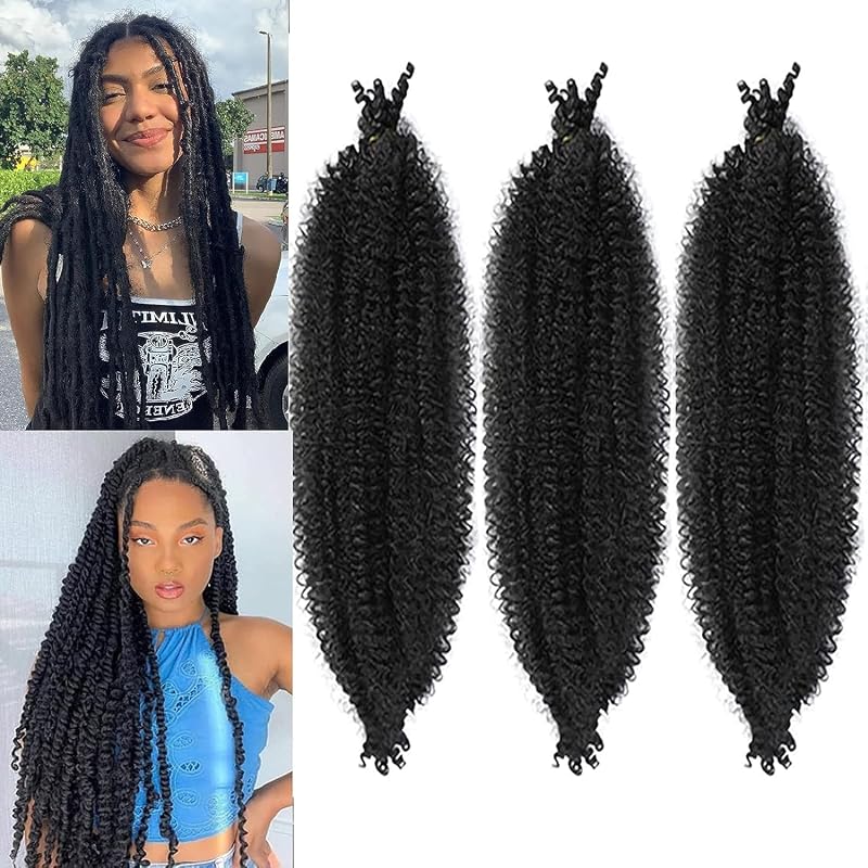 Springy Afro Twist Hair3Pcs Pre-Separated Kinky Marley Twist Braiding Hair 24in Springy Twist for Distressed Faux Locs Synthetic Hair Extensions Cuban Twist Hair(1B-Black)