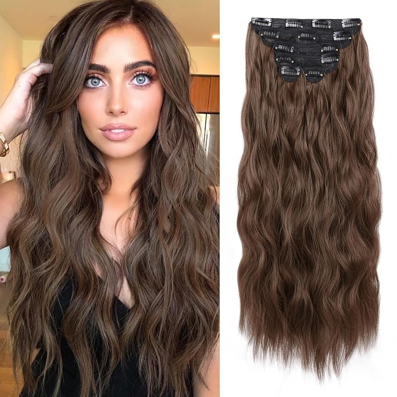 WECAN Clip in Hair Extension 25 Inch 6PCS Dark Brown Long Wavy Hairpieces for Women Natural Thick Synthetic Fiber Double Weft Hair Full Head
