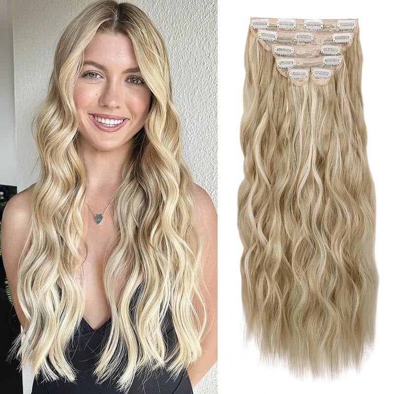 WECAN Clip in Hair Extension 24 Inch Ash Blonde Mix Bleach Blonde 6PCS Long Wavy Curly Hairpieces for Women Natural Thick Synthetic Fiber Double Weft Hair Full Head