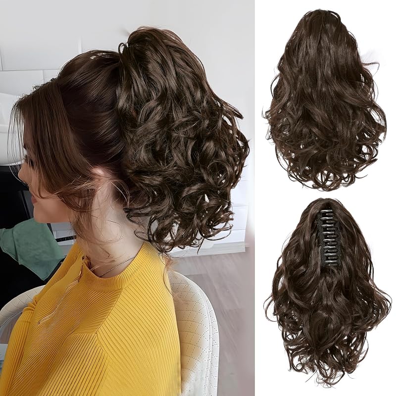 HSLHDI Claw Clip Ponytail Extension,10 Inch Light Brown Curly Wavy Ponytail Claw Clip in Hair Extension for Women Fluffy Natural Looking Synthetic Hairpiece for Daily Use(10 Inch,4P/4#)
