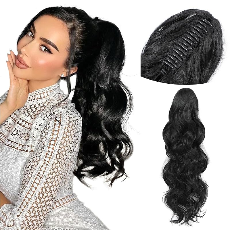 MORICA Ponytail Extension 24" Black Claw Ponytail Extension Wavy Curly Pony Tails Hair Extensions Fake Hair Pieces For Women（24inch，1B#）