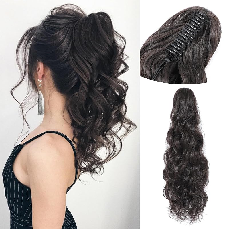 MORICA Ponytail Extension 24" Black Claw Ponytail Extension Dark Brown Fake Hair Pieces Claw Ponytail Extension For Women（24inch，2#）