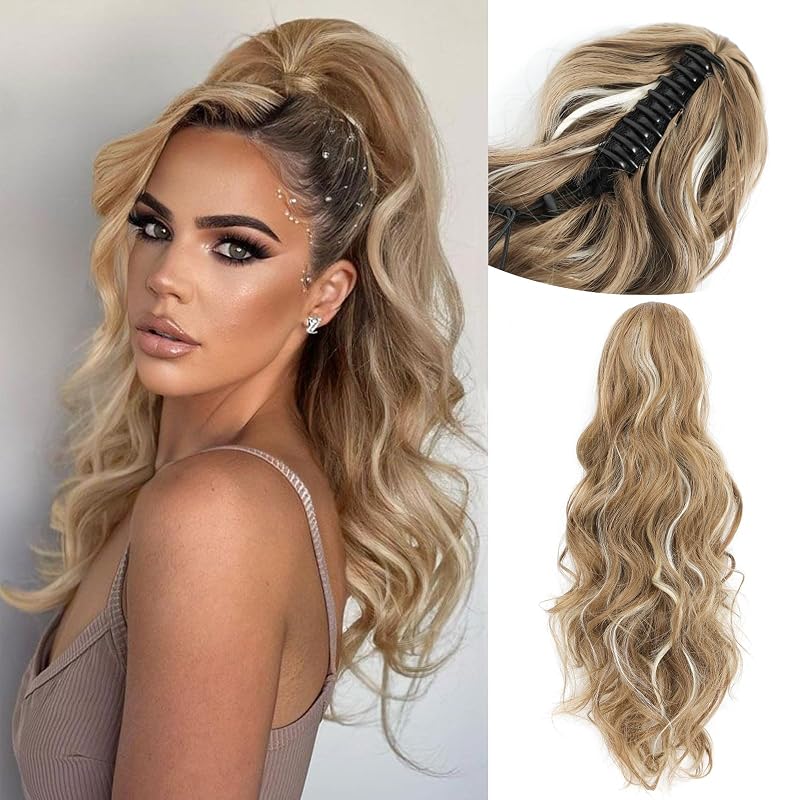 MORICA Claw Clip Ponytail Extension Curly 24Inch Long Wavy Synthetic Clip in Ponytail Hair Extension Chestnut Brown Mix Blonde Highlights for Women Pony Tail Hair Hairpiece(24Inch,6/613#)
