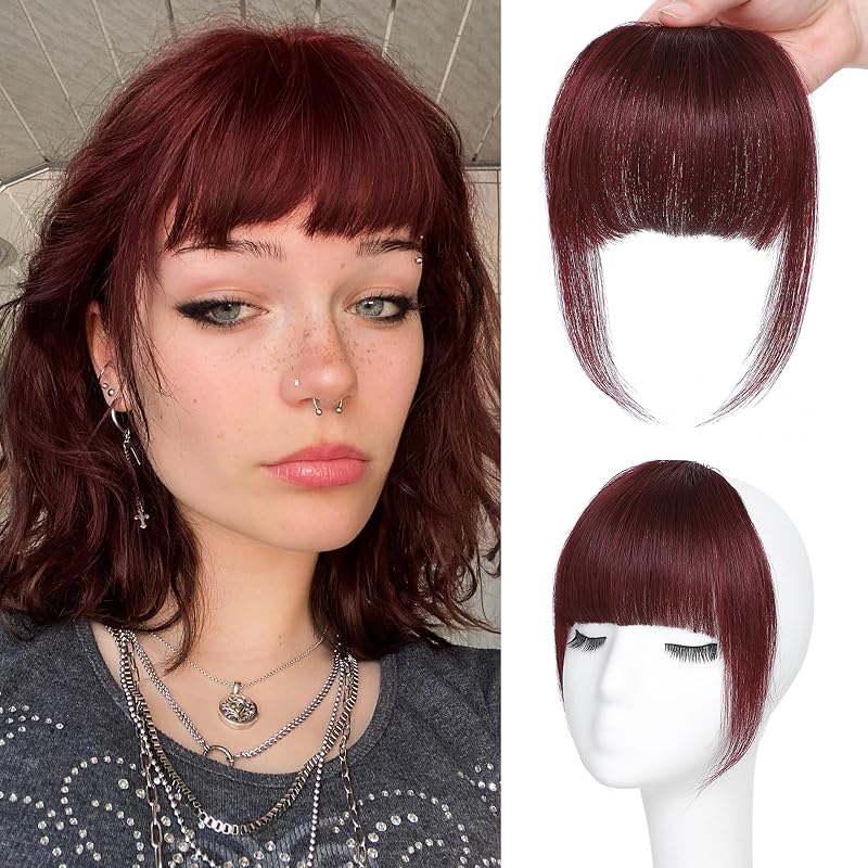 NAYOO Clip in Bangs Human Hair for Women, Red French Bangs Hairpiece