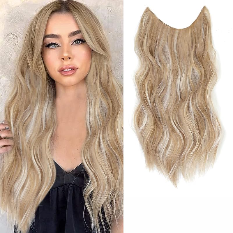 Halo Hair Extensions 20 Inch Invisible Wire Dark Golden Mix Platinum Blond