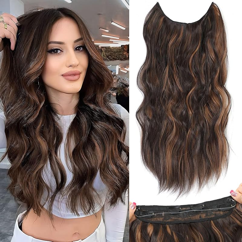 Halo Hair Extensions 20 Inch Invisible Wire Black Brown with highlights