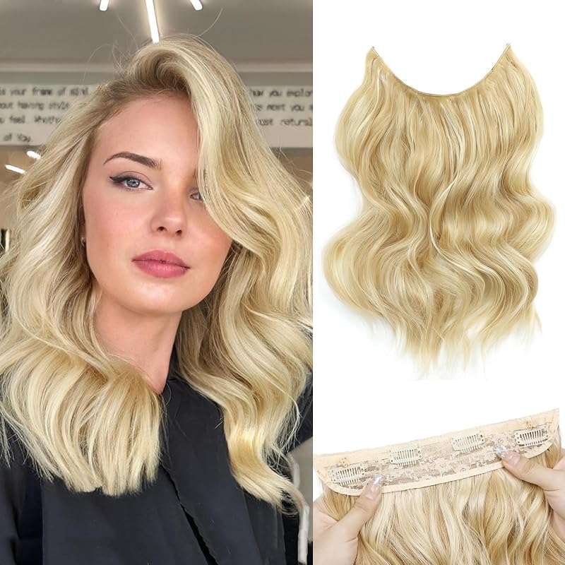 MORICA Invisible Wire Hair Extensions, Ash Blonde Mix Bleach Blonde, 14"