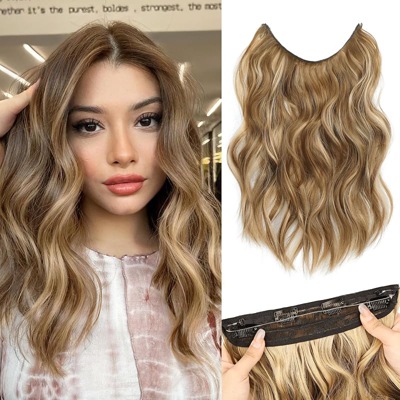 MORICA Invisible Wire Hair Extensions, Brown Mixed Blonde, 14 Inch