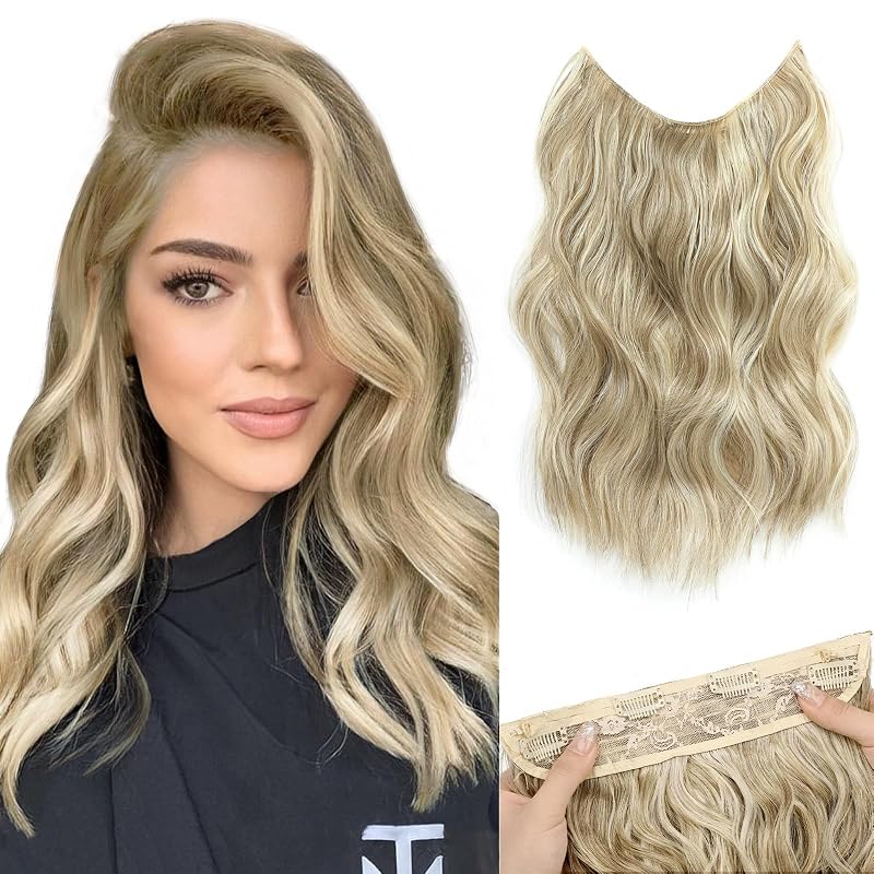 MORICA Invisible Wire Hair Extensions - 14 Inch Halo Hair Extension Long Wavy Synthetic Hairpiece with Transparent Wire Adjustable Size, 4 Secure Clips for Women (Ash Blonde Mixed Light Blonde,14Inch)