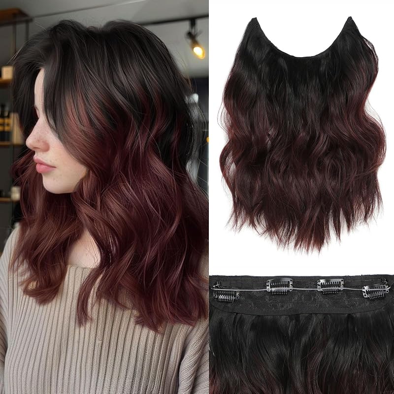 BUPPLER Halo Hair Extensions 12 Inch Invisible Wire Black to Burgundy