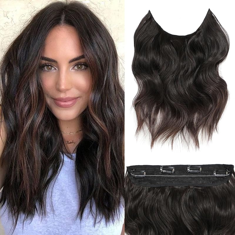 BUPPLER Halo Hair Extensions 12 Inch Invisible Wire Jet Black to Brown