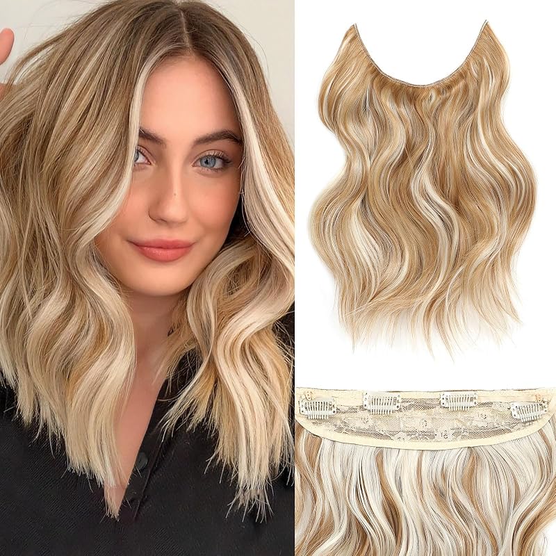 BUPPLER Halo Hair Extensions 12 Inch Invisible Wire Golden Brown Mix Blonde