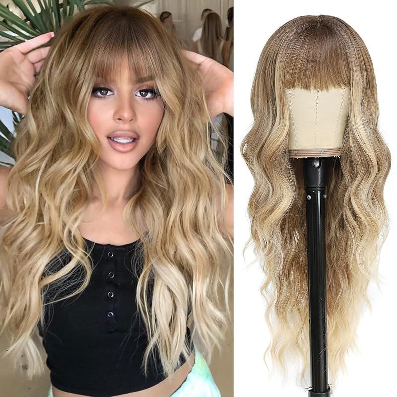 NAYOO Blonde Wigs with Bangs for Women Curly Wavy Hair Wigs Women's Synthetic Wigs Heat Resistant Wigs for Daily Party Use 26 Inches (Ombre Blonde)