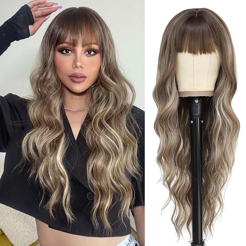 NAYOO Brown Wigs with Bangs for Women Curly Wavy Hair Wigs Women's Synthetic Wigs Heat Resistant Wigs for Daily Party Use 26 Inches (Medium Brown Mix Blonde)