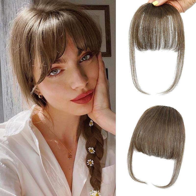 NAYOO Clip in Bangs Human Hair for Women, Brown Wispy Bangs Hairpiece