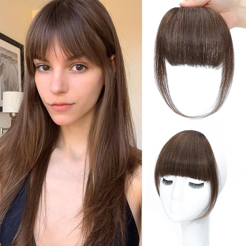 NAYOO Clip in Bangs Human Hair for Women, Brown French Bangs Hairpiece