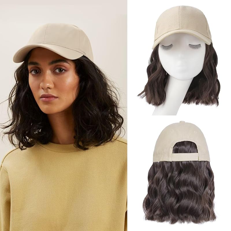 Hat Wigs for Women Baseball Cap with Hair Extensions Short Wave Synthetic baseball Cap Wig for Women Adjustable Hat with Hair Attached for Daily Use(14inch)