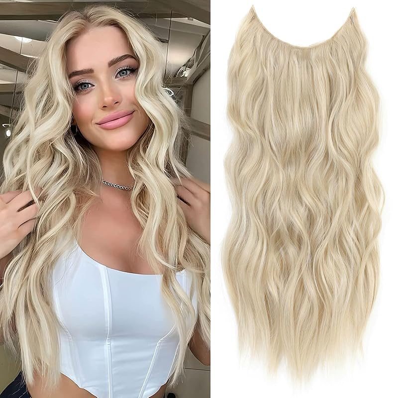Halo Hair Extensions 24 Inch Invisible Wire Blonde Mix Platinum Blonde