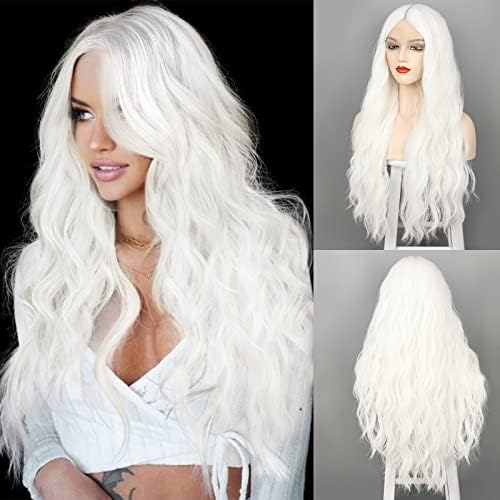 Igrina White Wig for Women Deep Wave 28 Inches Long Wavy Ginger Wig Water Wave Middle Part Curly Synthetic Lace Wig For Cosplay Daily Use(White)
