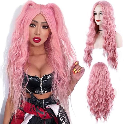 Igrina Pink Wig for Women Deep Wave 29 Inches Long Wavy Ginger Wig Water Wave Middle Part Curly Synthetic Lace Wig For Cosplay Daily Use(Pink)