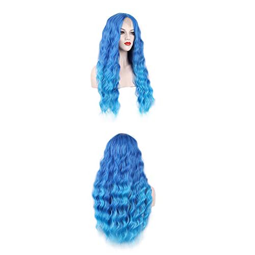 Igrina Blue Wig for Women Deep Wave 29 Inches Long Wavy Ginger Wig Water Wave Middle Part Curly Synthetic Lace Wig For Cosplay Daily Use(Blue)