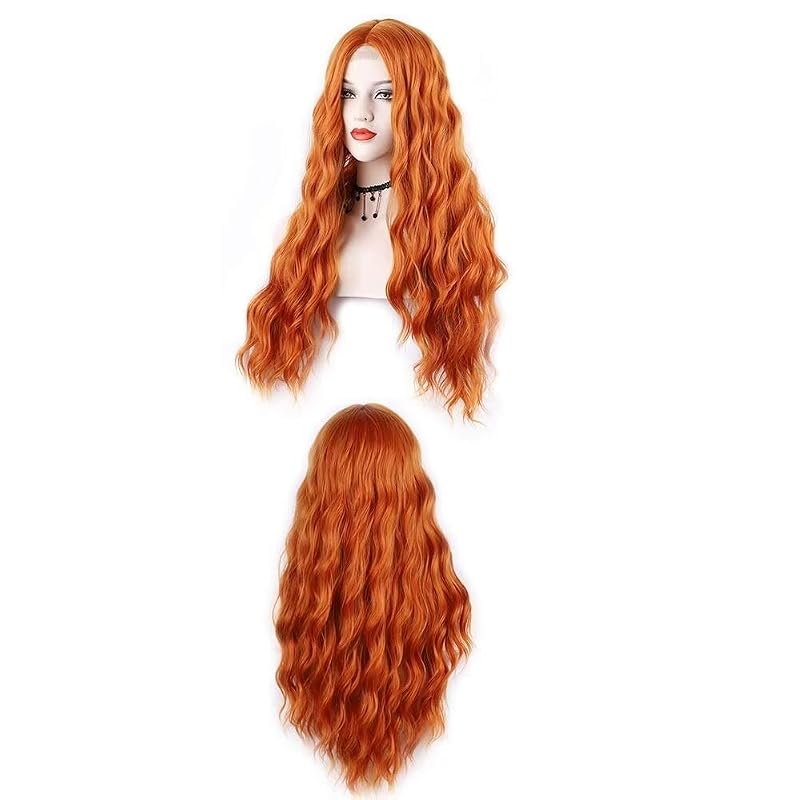 Igrina Orange Wig for Women Deep Wave 28 Inches Long Wavy Ginger Wig Water Wave Middle Part Curly Synthetic Lace Wig For Cosplay Daily Use(Orange)