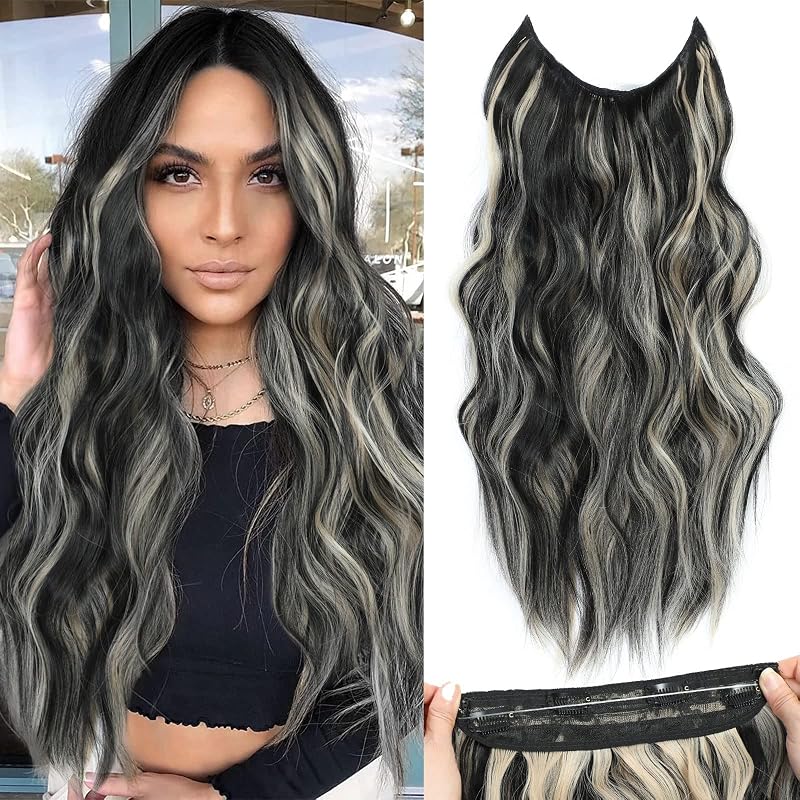 Halo Hair Extensions 20 Inch Invisible Wire Jet Black Mix Ash Blonde