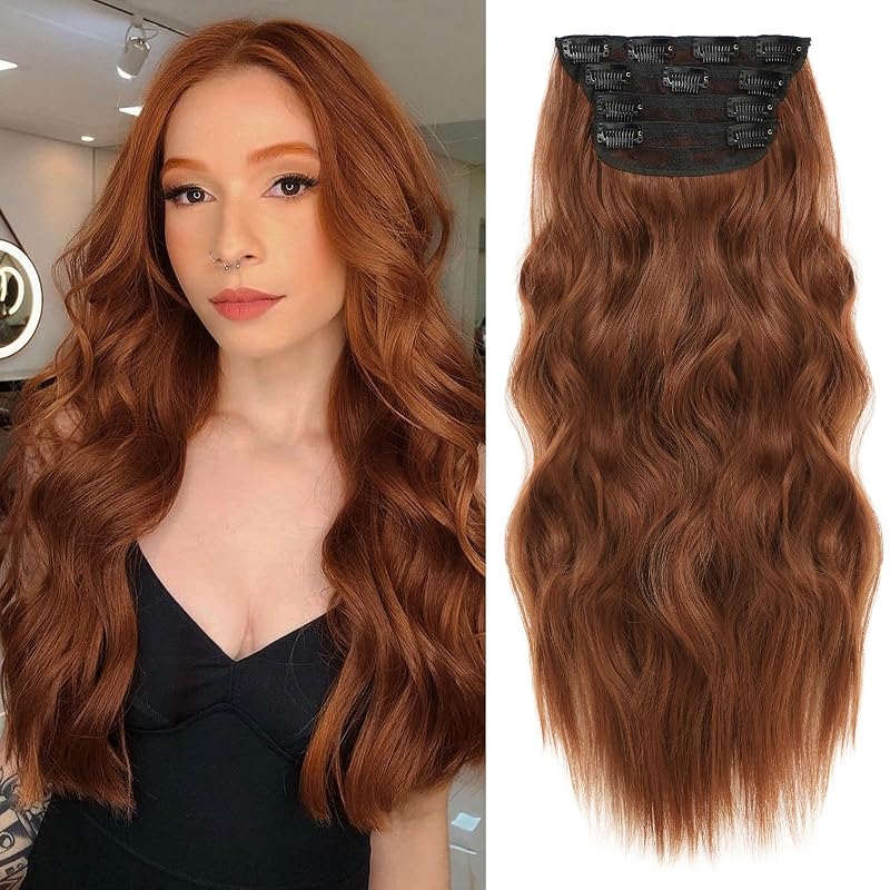 24” Auburn Clip in Hair Extensions Long Wavy Synthetic Extensions for Women