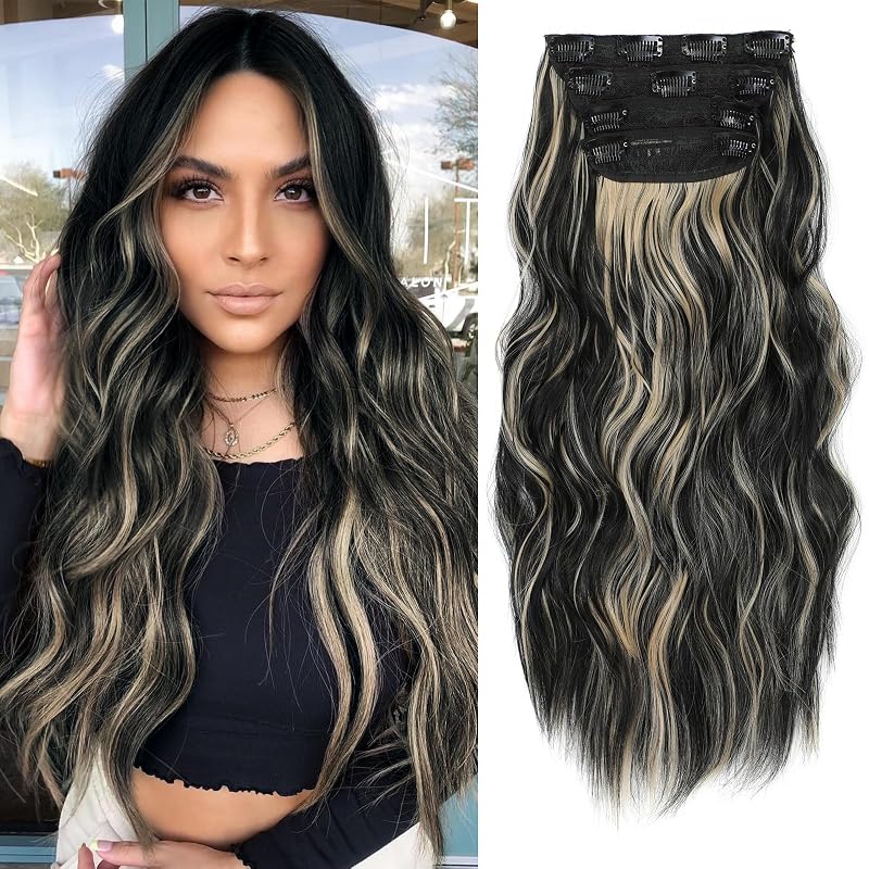 24” Black Clip in Hair Extensions Long Wavy Synthetic Extensions for Women