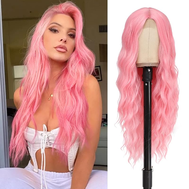 BUPPLER Cosplay Long Pink Wig 29 Inch Middle Part Synthetic Wigs for Women