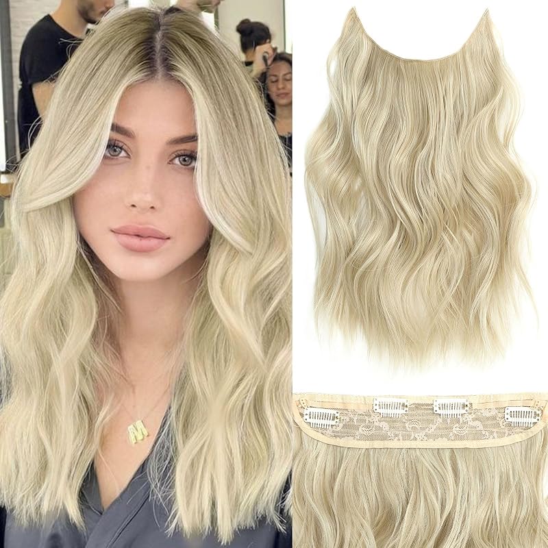 Halo Hair Extensions 16 Inch Invisible Wire Blonde Mix Platinum Blonde