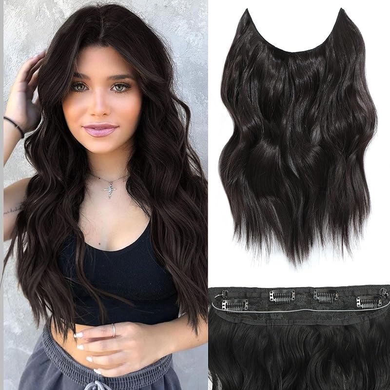 BUPPLER Halo Hair Extensions 16 Inch Invisible Wire Black Brown
