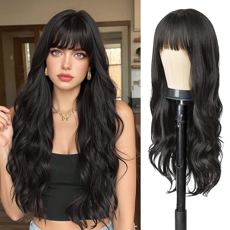 AISI QUEENS Dark Green Wig With Bangs, 26 Inch Long Natural Looking Hair for Women, Middle Part Curly Wavy, Heat Resistant Synthetic for Daily Party Use