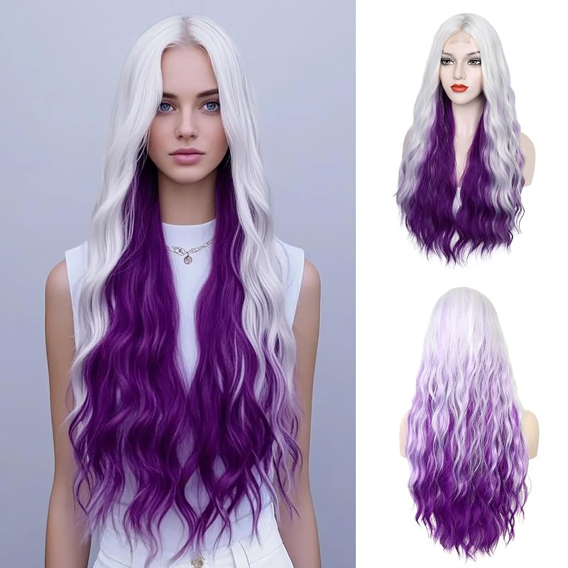 WECAN Silver Gray to Purple Wig for Women Long Wavy Synthetic Wig 28 Inch