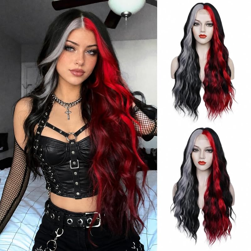 WECAN Black Red Gray Wig for Women Long Wavy Synthetic Wig 28 Inch