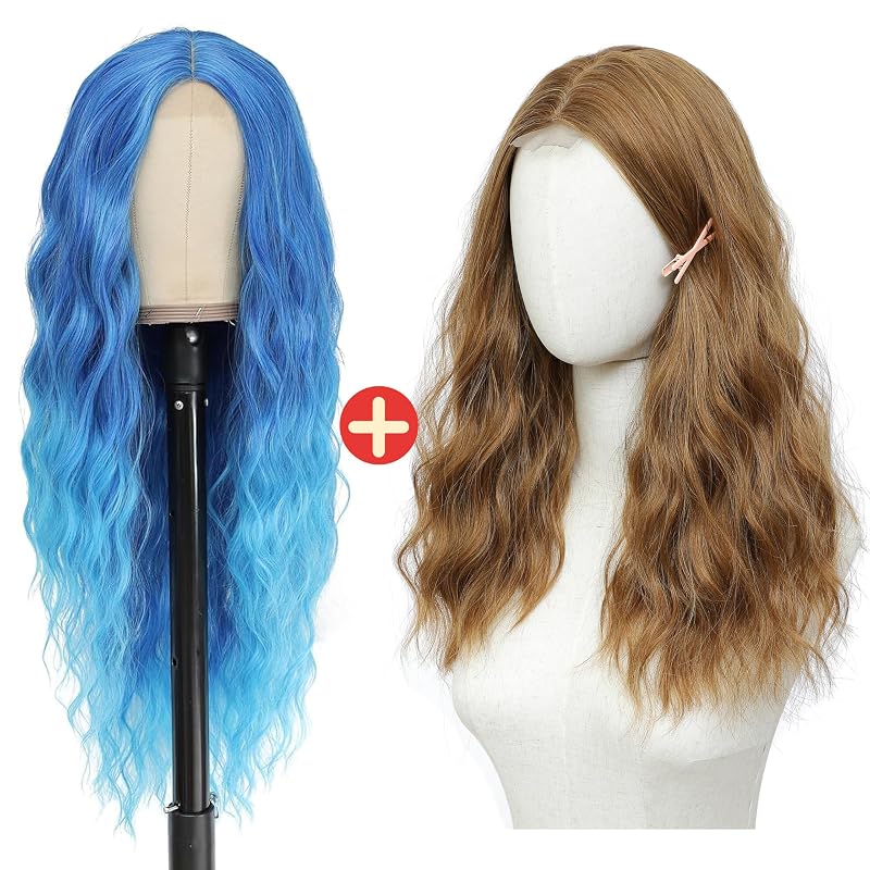 BUPPLER Cosplay Long Blue Wig 28 Inch and Honey Blonde Wig 18 Inch Medium Length Wigs for Women Middle Part Synthetic Hair