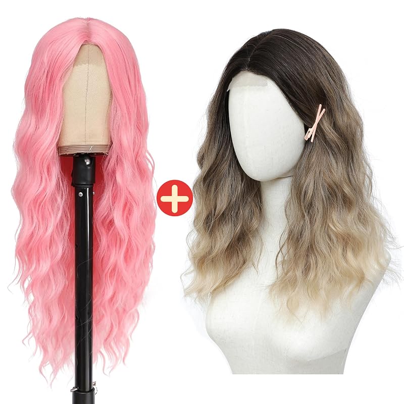 BUPPLER Cosplay Long Pink Wig 28 Inch and Ombre Blonde Wig 18 Inch Medium Length Wigs for Women Middle Part Synthetic Hair