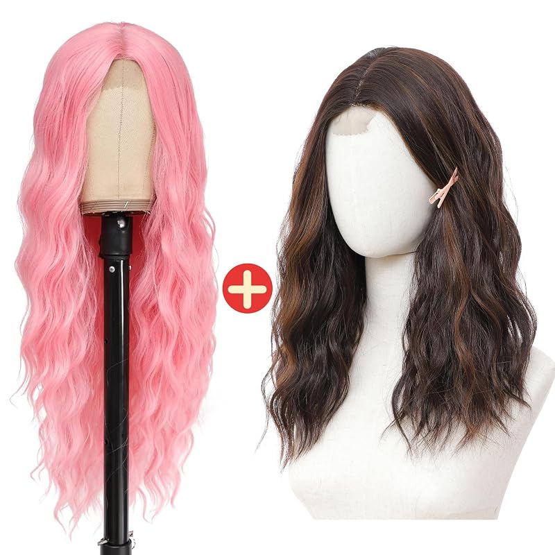 BUPPLER Cosplay Long Pink Wig 28 Inch and Brown Highlight Wig 18 Inch Medium Length Wigs for Women Middle Part Synthetic Hair