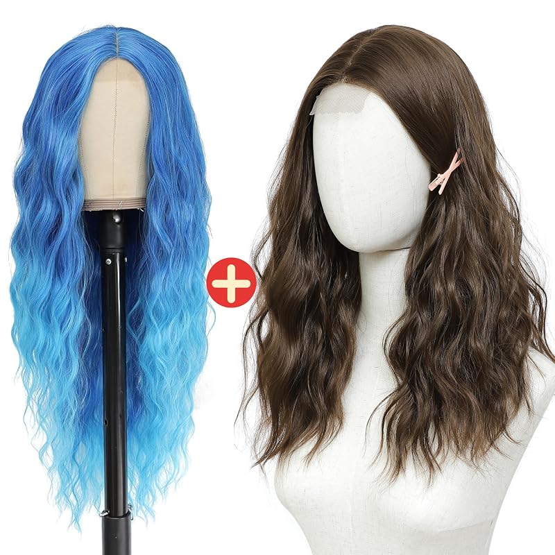 BUPPLER Cosplay Long Blue Wig 28 Inch and Golden Brown Wig 18 Inch Medium Length Wigs for Women Middle Part Synthetic Hair