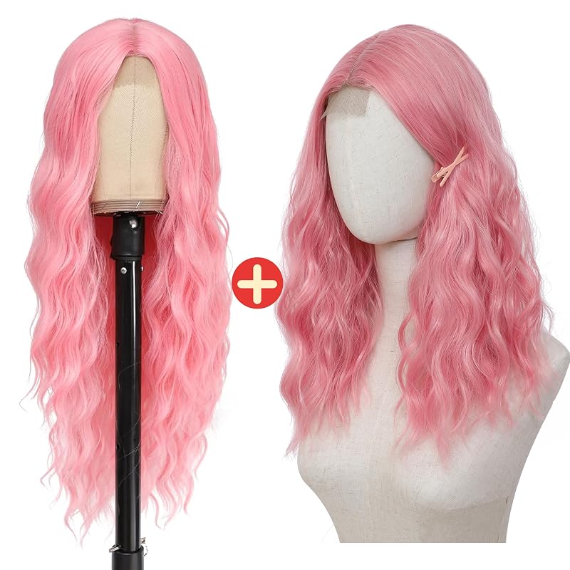 BUPPLER Cosplay Long Pink Wig 28 Inch and Pink Wig 18 Inch Medium Length Wigs for Women Middle Part Synthetic Hair