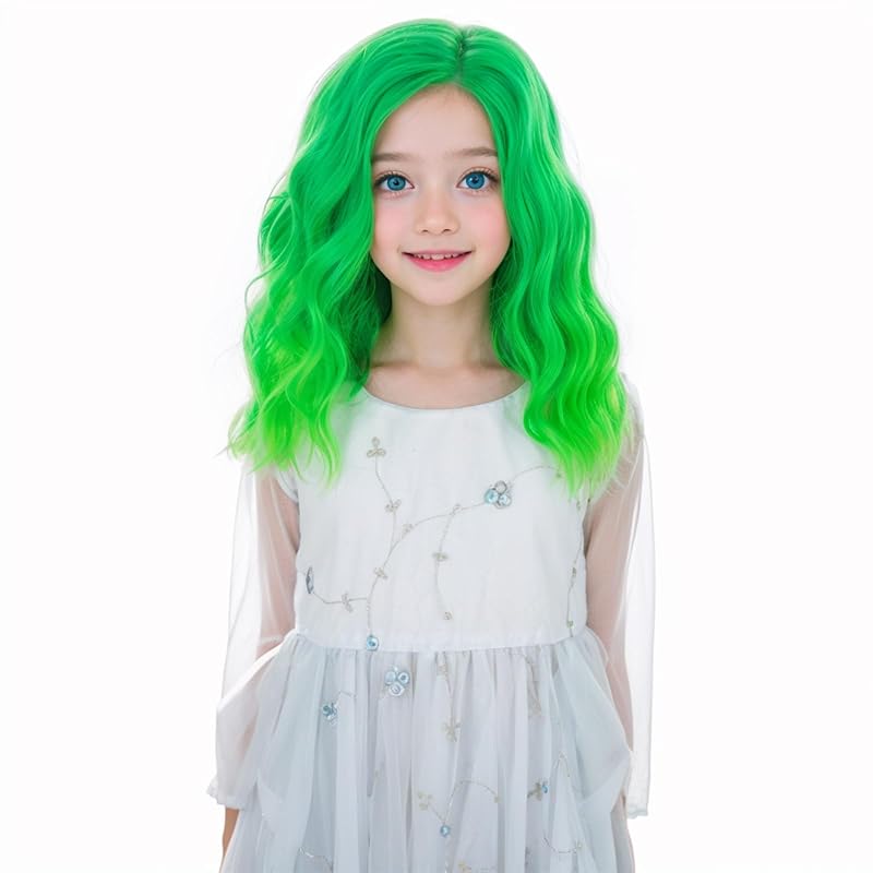 MEDO Green Wig for Kids Short Wavy Ombre Green Wig for Girls Shoulder Length Cosplay Party Costume Green Side Part Wig (Ombre Green)