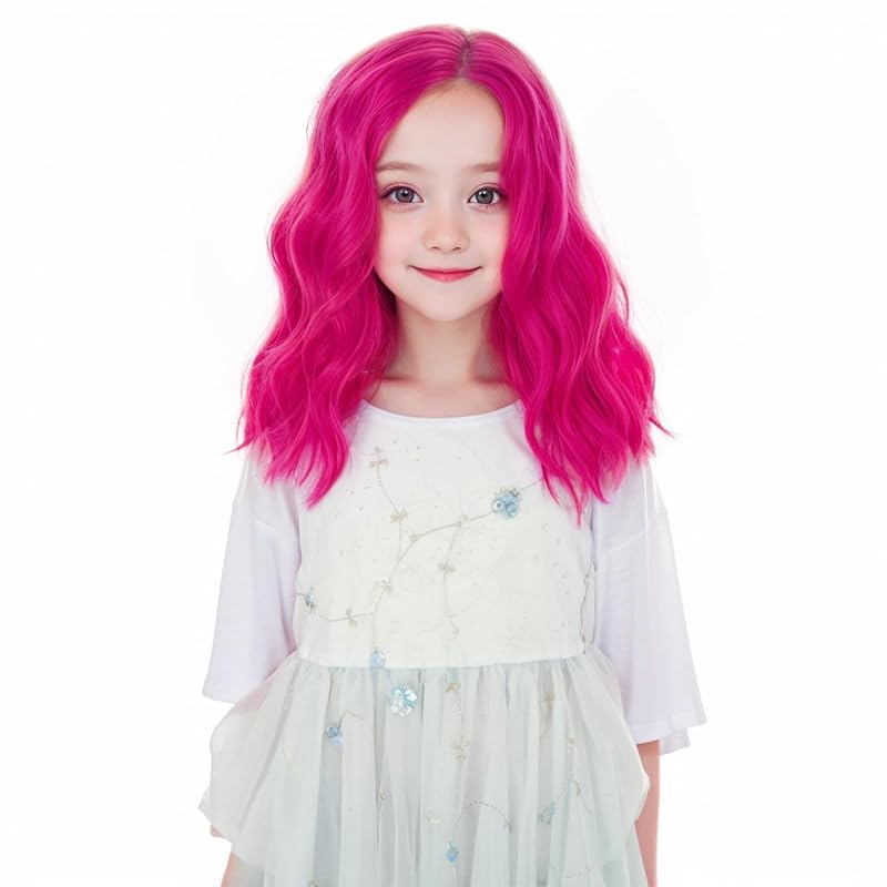 MEDO Kids Hot Pink Short Curly Wig - Shoulder Length Wave Side Part Heat Resistant Synthetic Wig for Cosplay Halloween