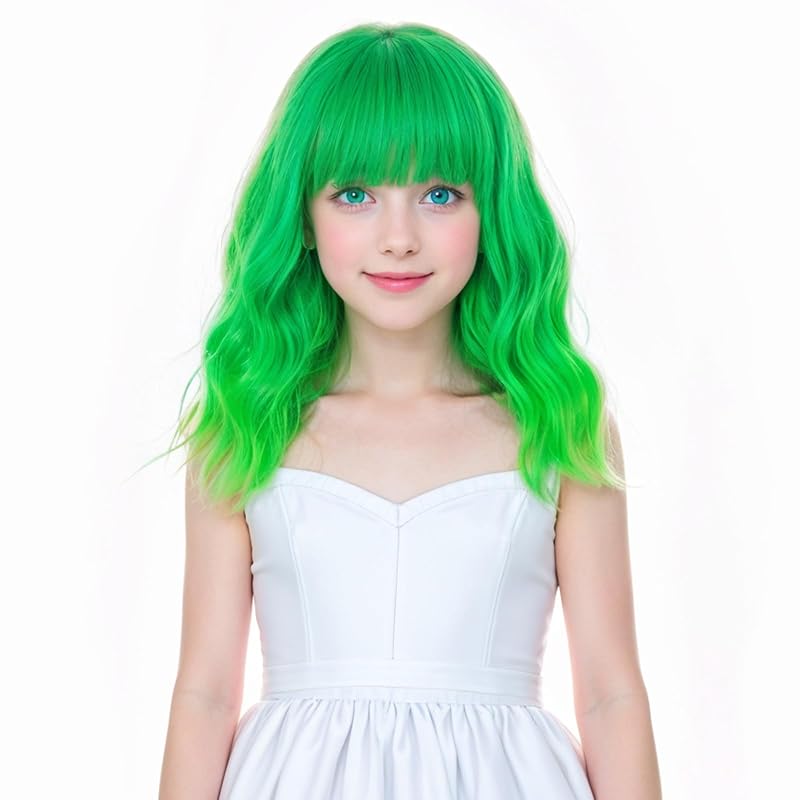 VERNA Ombre Green Wig Kids Wigs Girls Green Child Wig Kids Green Wigs for Kids Girls Green Kids Wigs with Bangs for Cosplay Halloween Party Costume(12 Inches, Ombre Green)