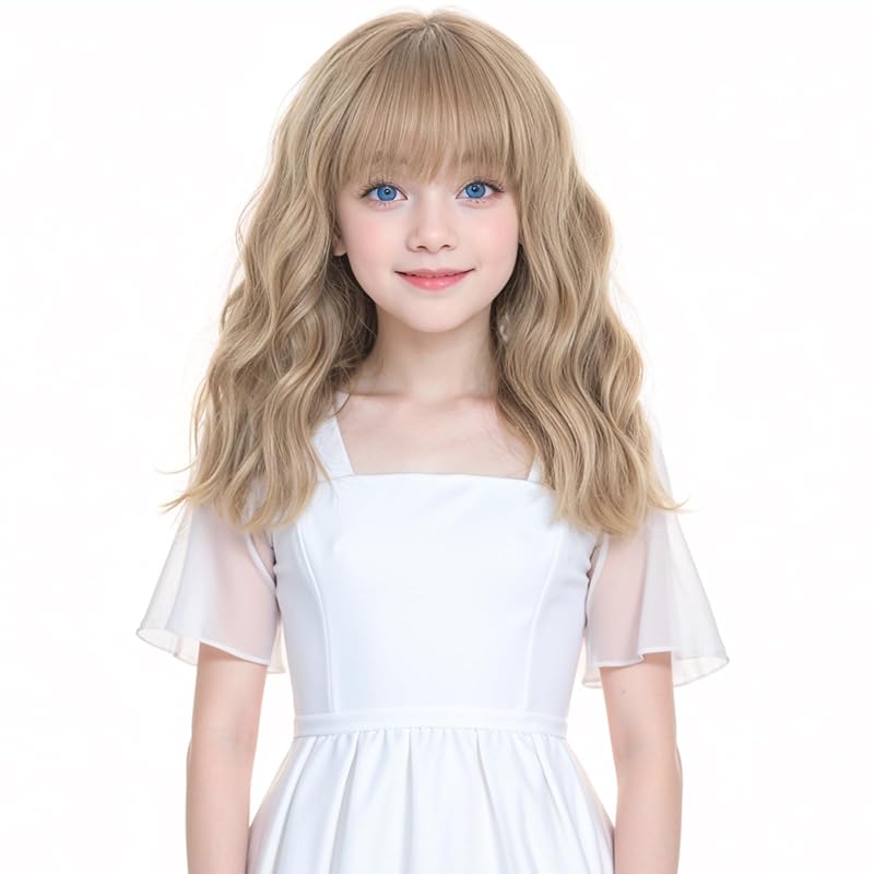 VERNA Blonde Wig Kids Wigs Girls Blonde Child Wig Kids Blonde Wig for Kids Girls Flaxen Blond Kids Wig with Bangs Short Wavy Wig for Cosplay Halloween Party Costume