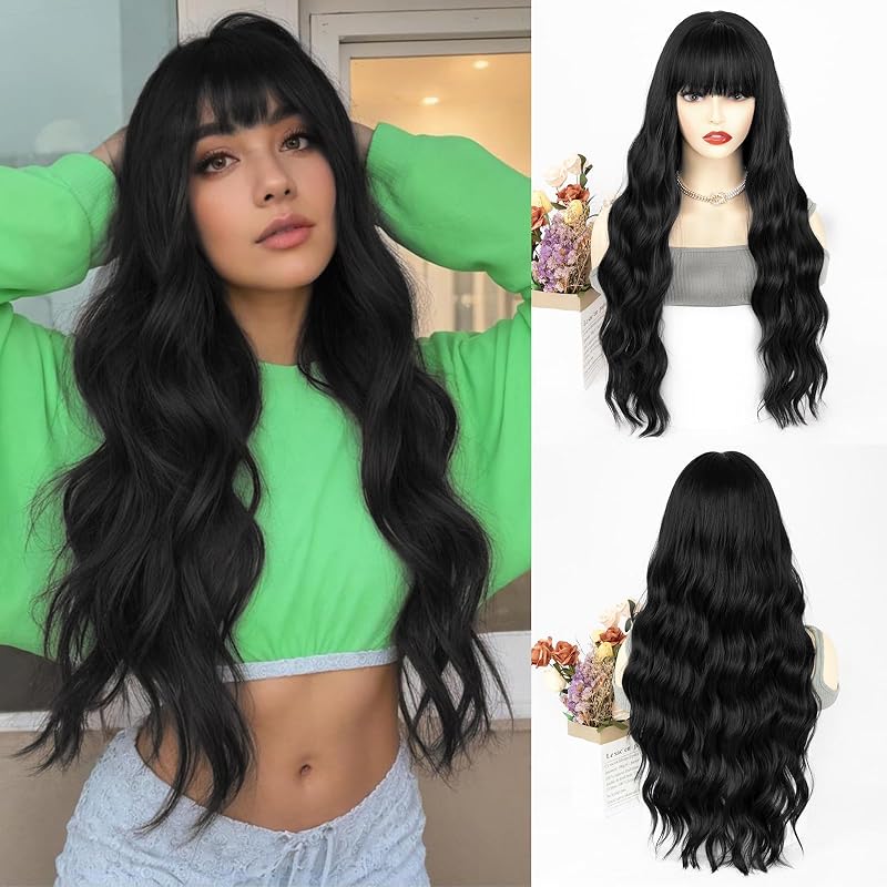 ENTRANCED STYLES Black Wig with Bangs Long Black Wigs for Women Long Curly Wavy Synthetic Wig Natural Looking Realistic Wigs for Daily Cosplay Party (Black)