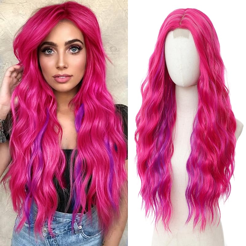 Cosplay Long Hot Pink Wig 28 Inch Middle Part Synthetic Wigs for Women