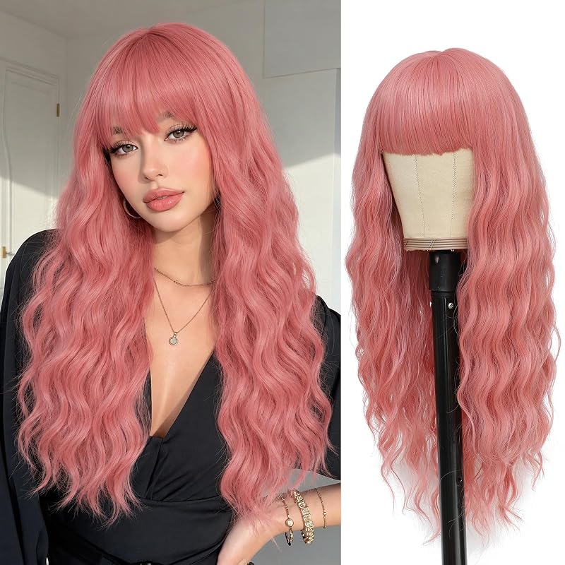 VERNA 26'' Long Pink Wig With Bangs for Women - Natural Looking Wavy Curly Hair, Heat Resistant Synthetic Halloween Cosplay Wig