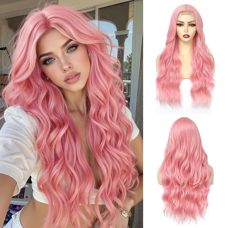 NAYOO 26 Inch Long Pink Wig for Women – Cotton Candy/Lavender Pink Wavy Synthetic Wig, Soft Natural Looking Hair, Heat Resistant Party & Cosplay Wig