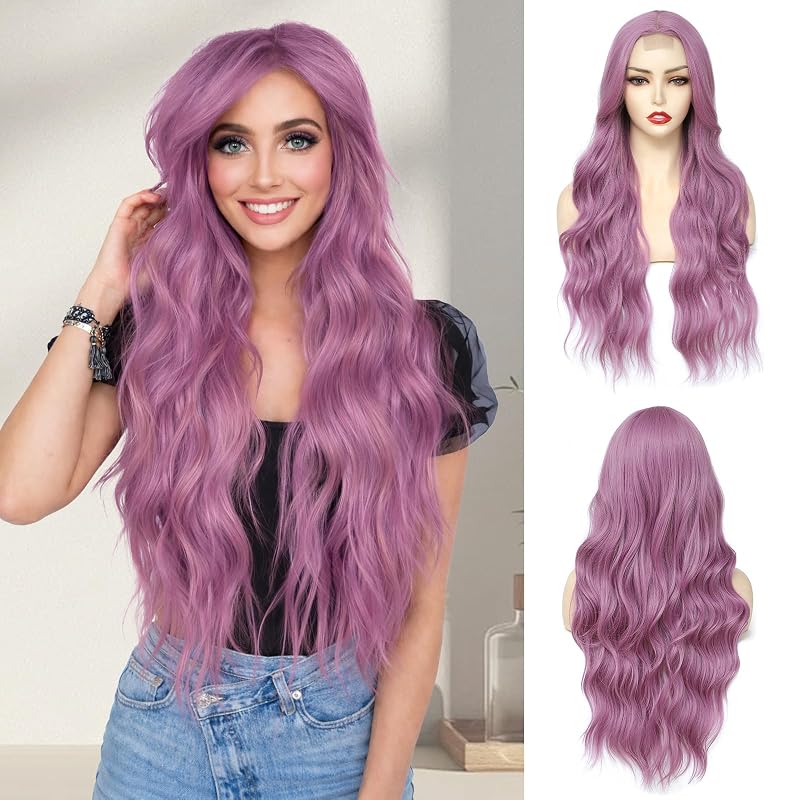 NAYOO Long Purple Wig for Women, 26 Inch Lavender Purple Wavy Wig, Heat Resistant Synthetic Cosplay Wig, Natural Looking Colored Hair Wig for Halloween Party Daily Use
