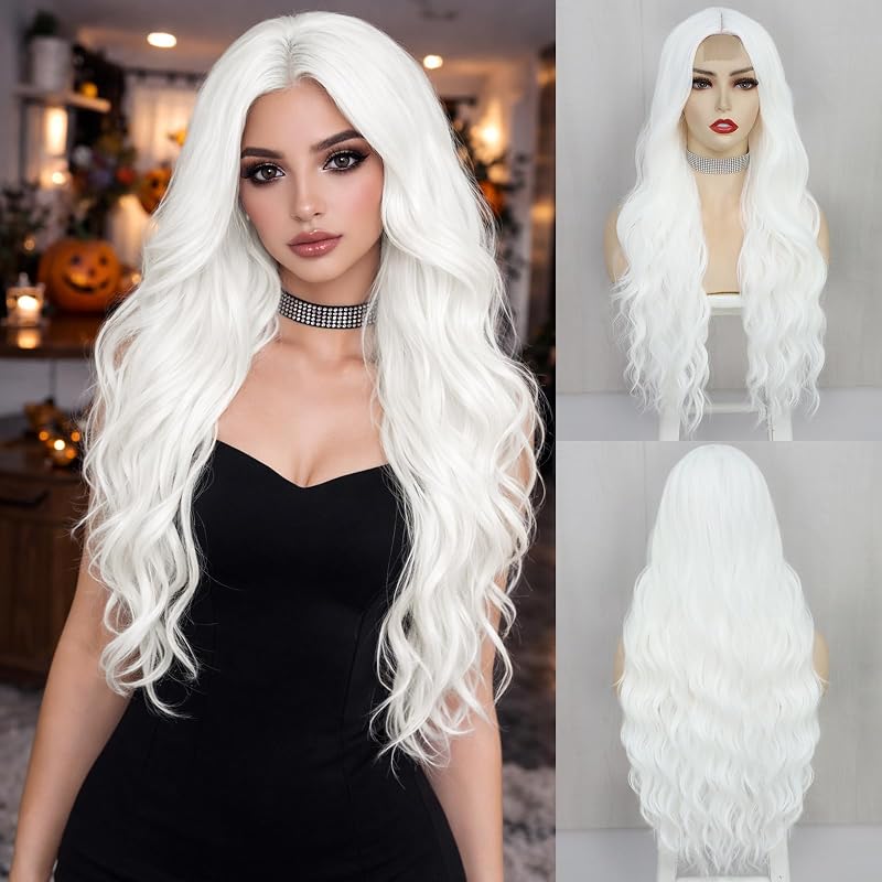NAYOO 26 Inch Long White Wig for Women – Snow & Ice White Wavy Synthetic Wig, Soft Natural Looking Hair, Heat Resistant Cosplay & Party Wig